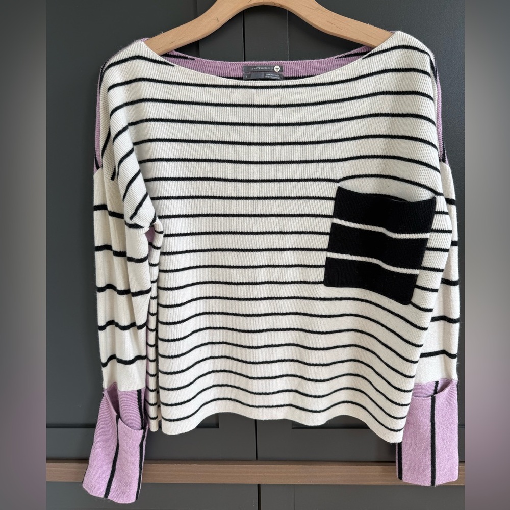 by Anthropologie Faye Striped Sweater Lavender Navy • S - Picture 3 of 7